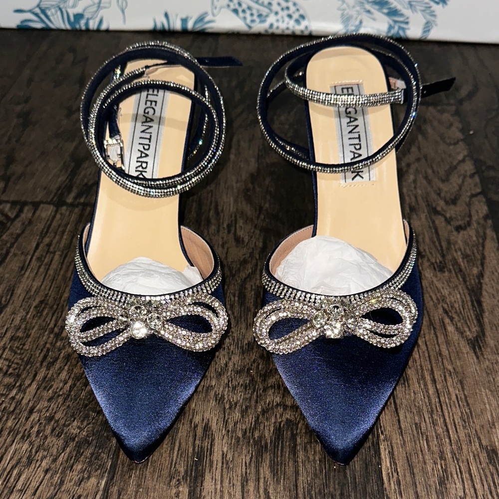 ElegantPark Navy Satin Heels with Rhinestone Bow